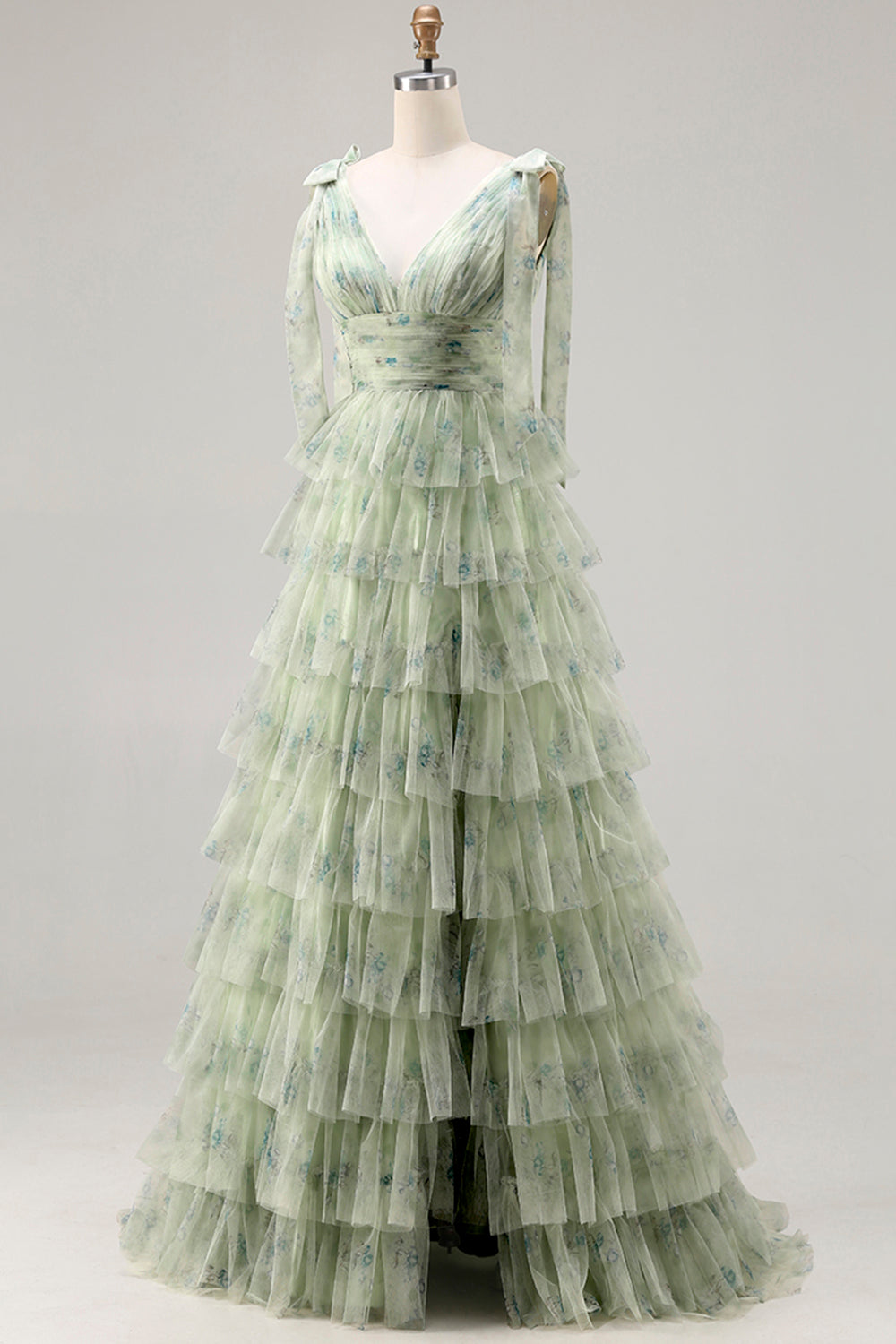 Floral Green A Line Tiered Long Tulle Prom Dress with Slit