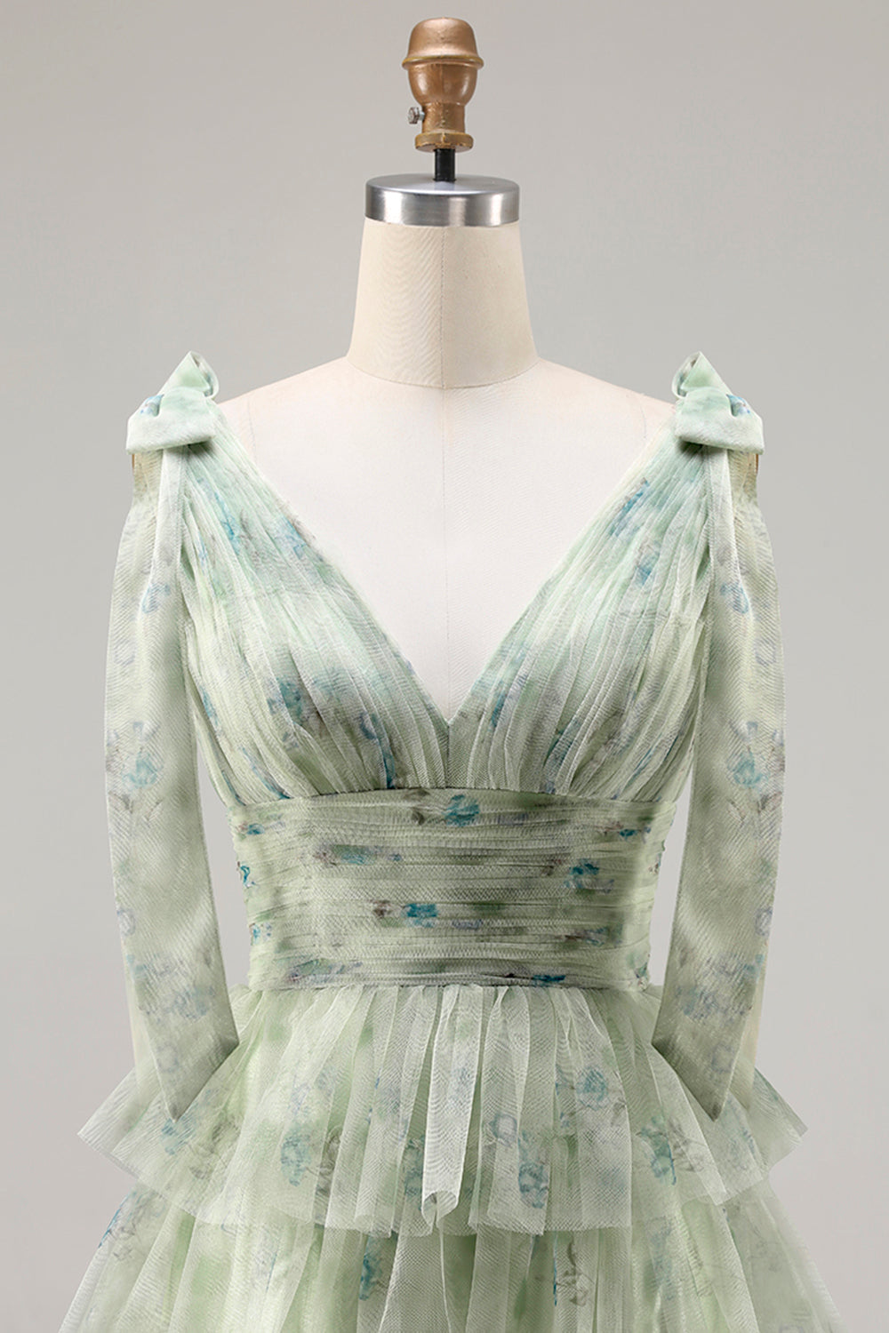 Floral Green A Line Tiered Long Tulle Prom Dress with Slit