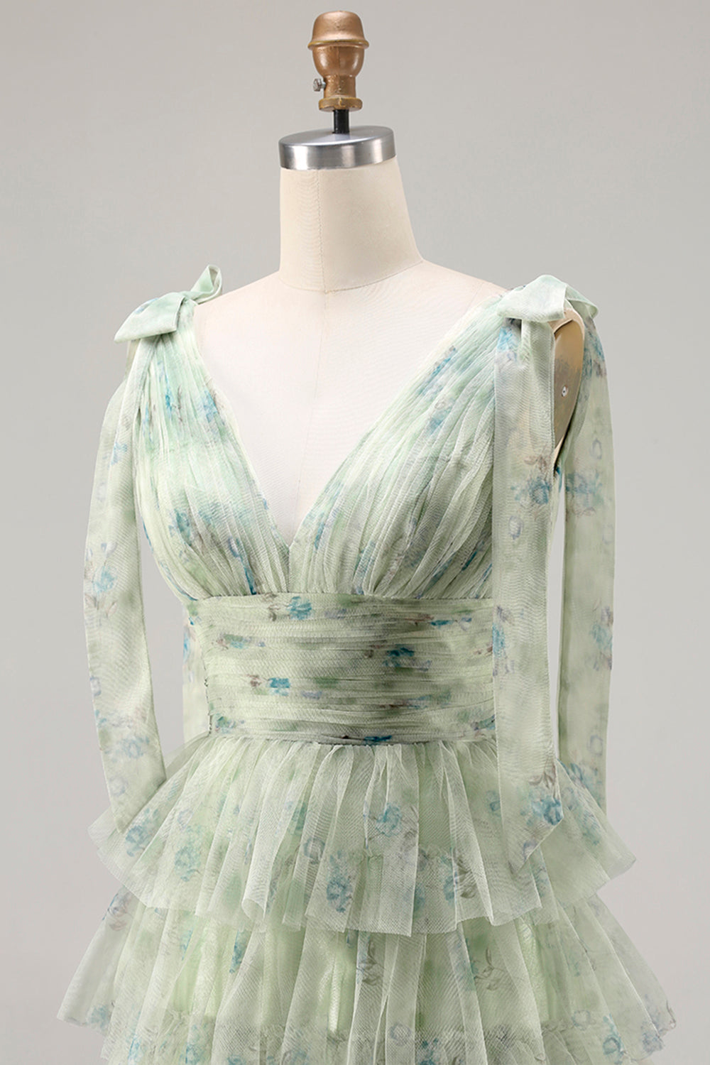 Floral Green A Line Tiered Long Tulle Prom Dress with Slit