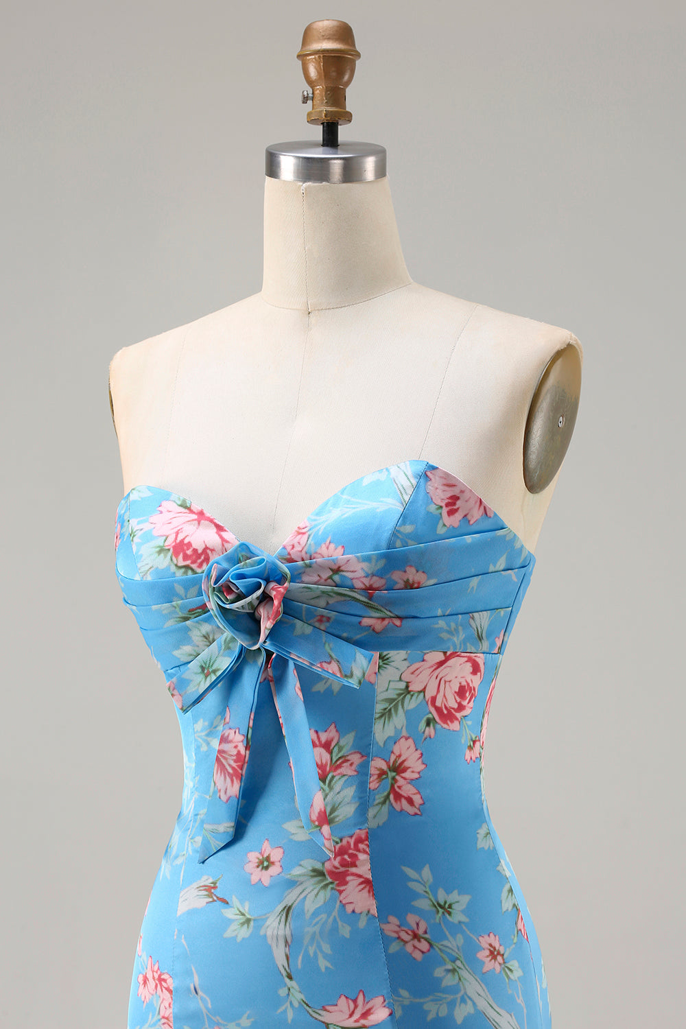 Floral Blue Pink Sweetheart Tiered Long Mermaid Prom Dress with Bow