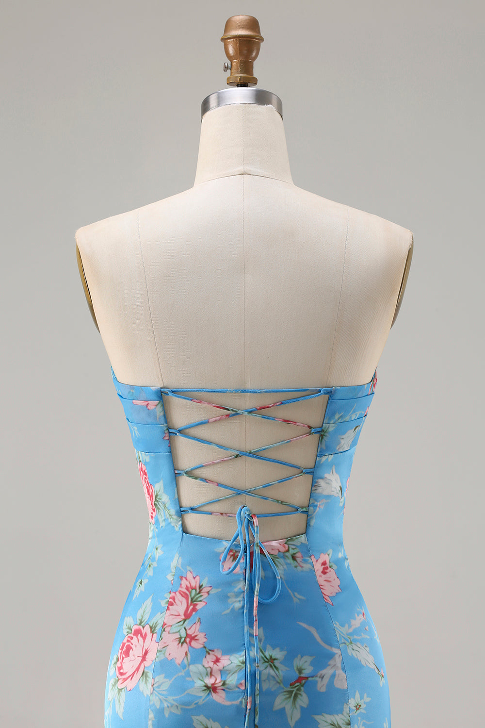 Floral Blue Pink Sweetheart Tiered Long Mermaid Prom Dress with Bow