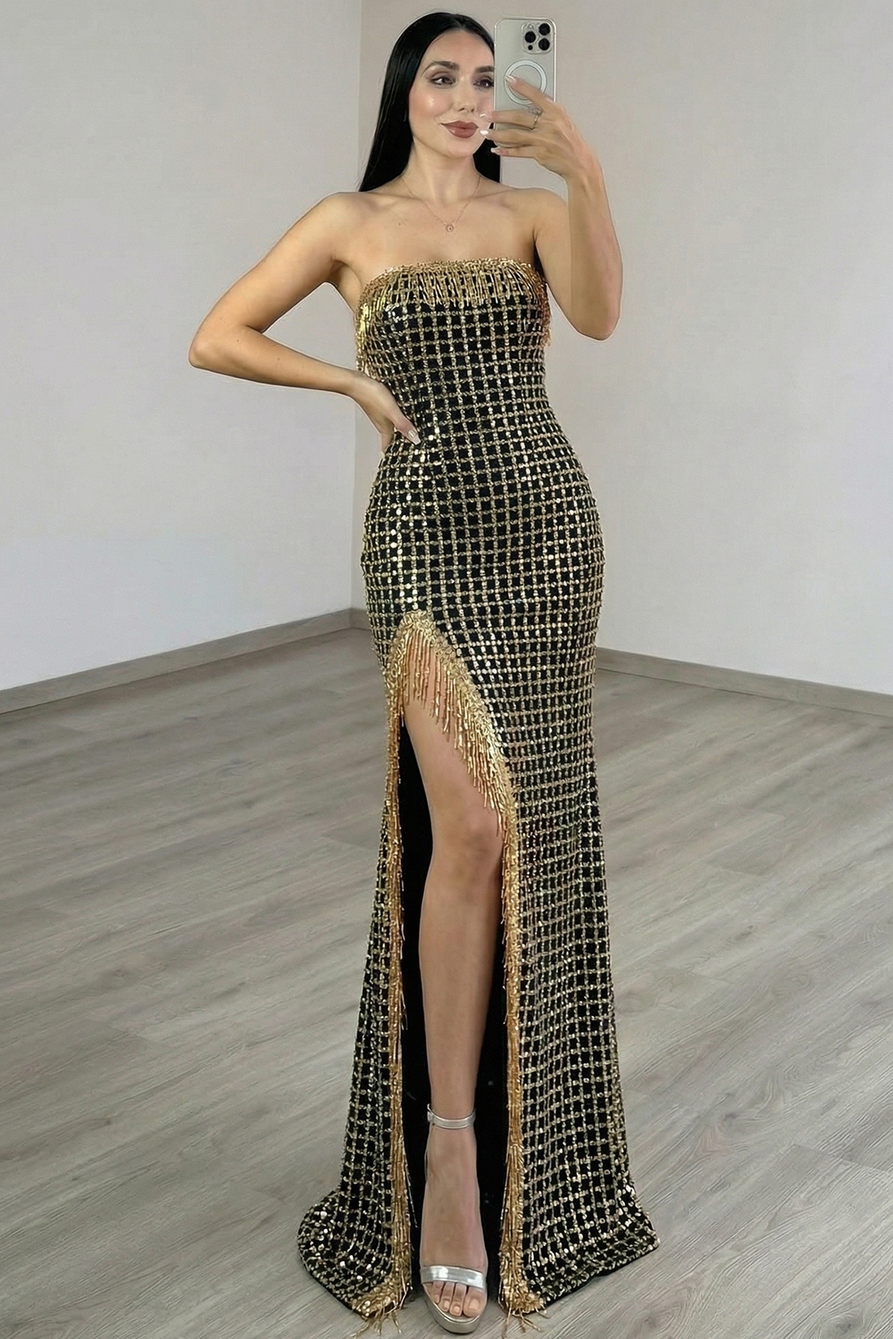 Sparkly Black Golden Beaded Fringed Mermaid Long Prom Dress with Slit