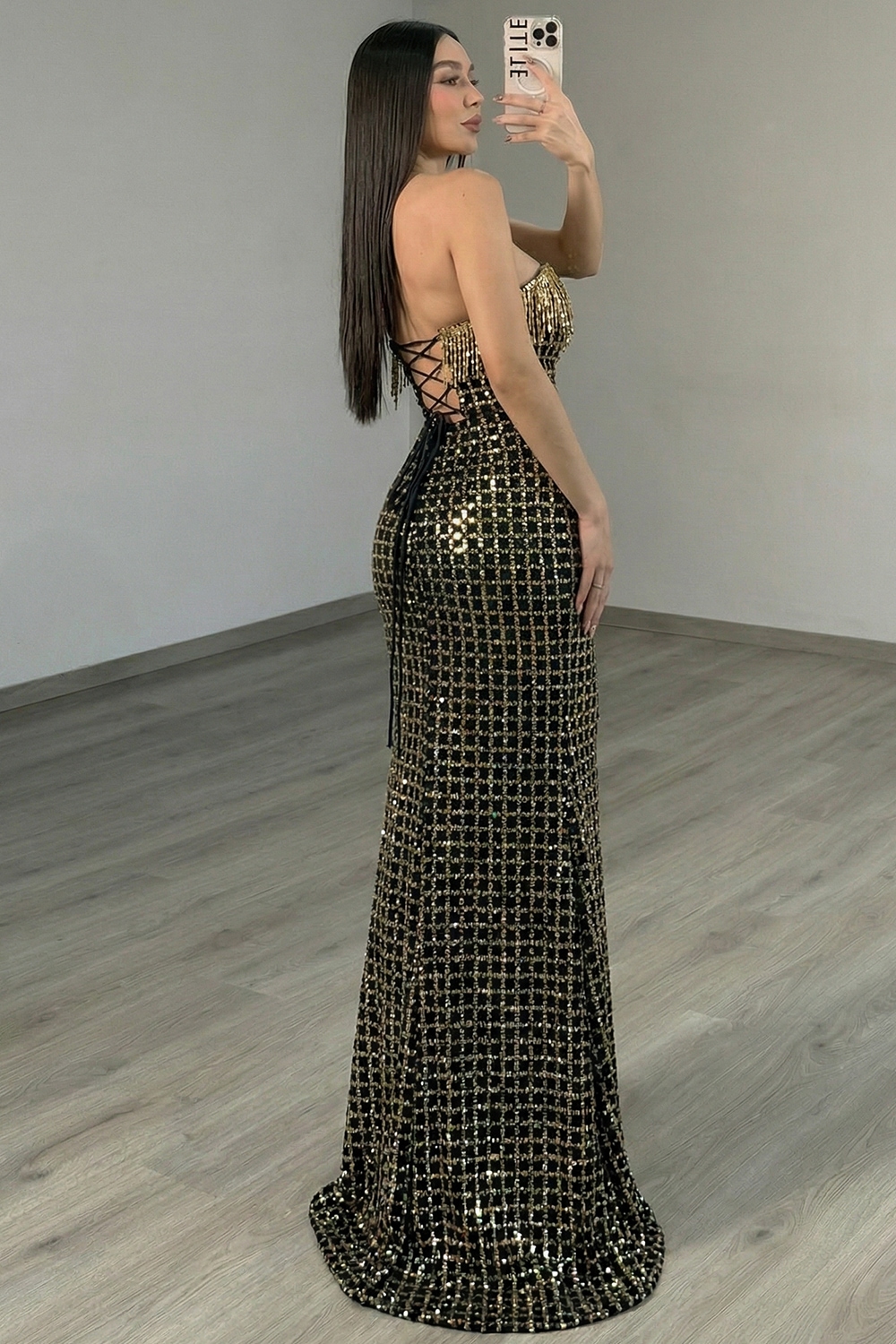 Sparkly Black Golden Beaded Fringed Mermaid Long Prom Dress with Slit