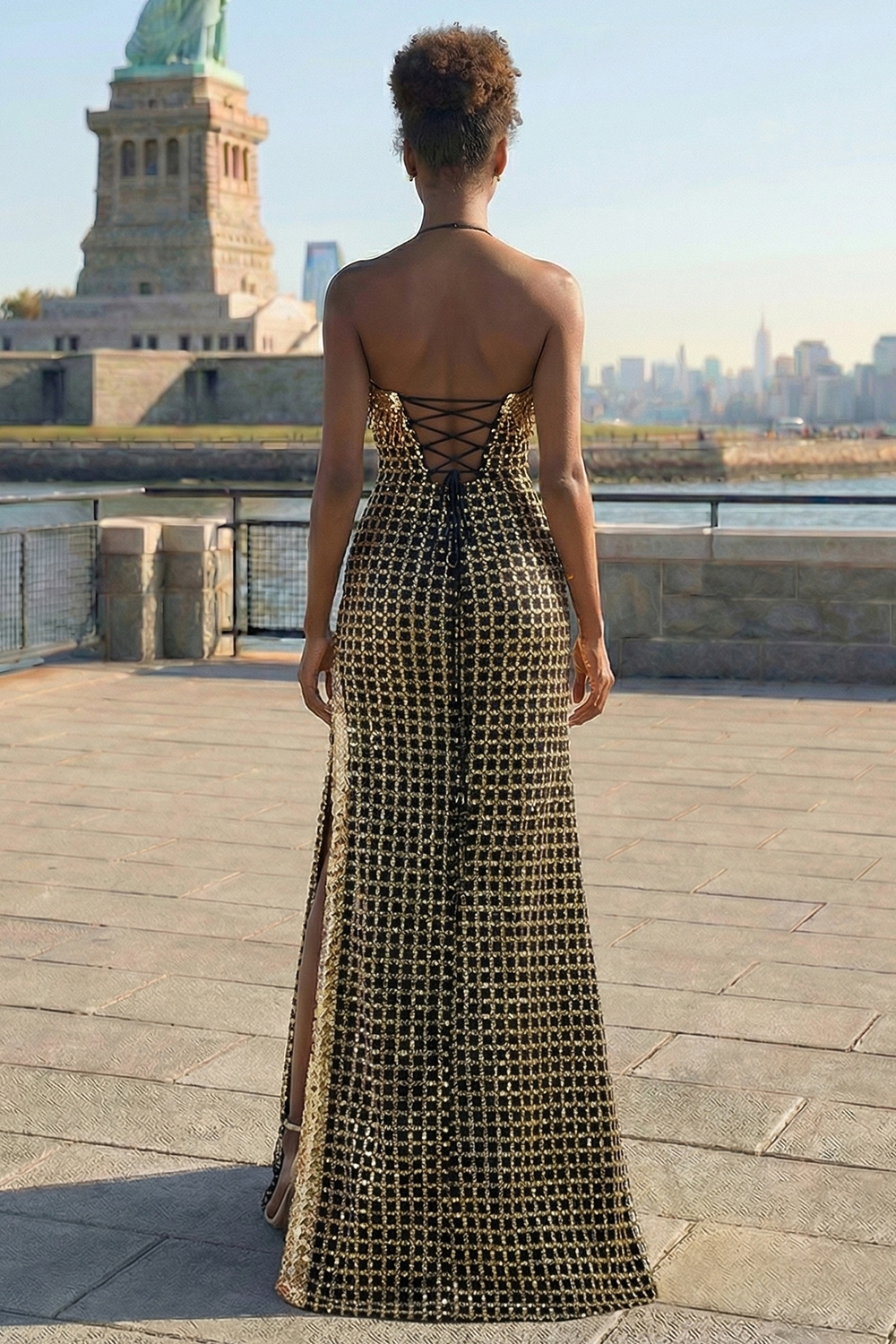 Black and Golden Strapless Beaded Fringed Long Sparkly Prom Dress with Slit