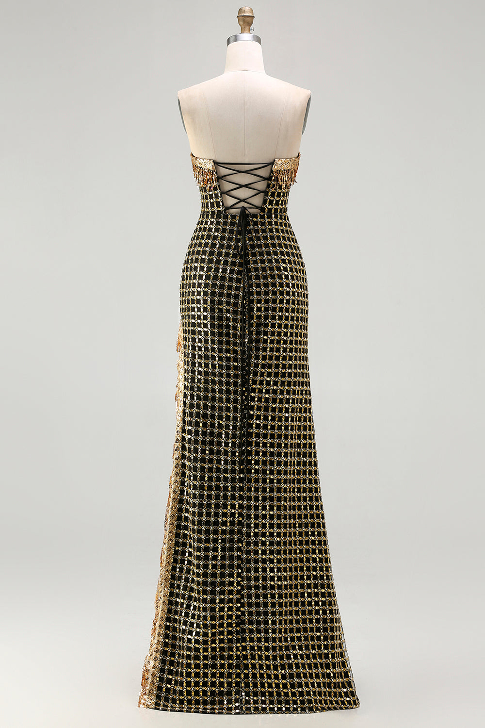 Black and Golden Strapless Beaded Fringed Long Sparkly Prom Dress with Slit