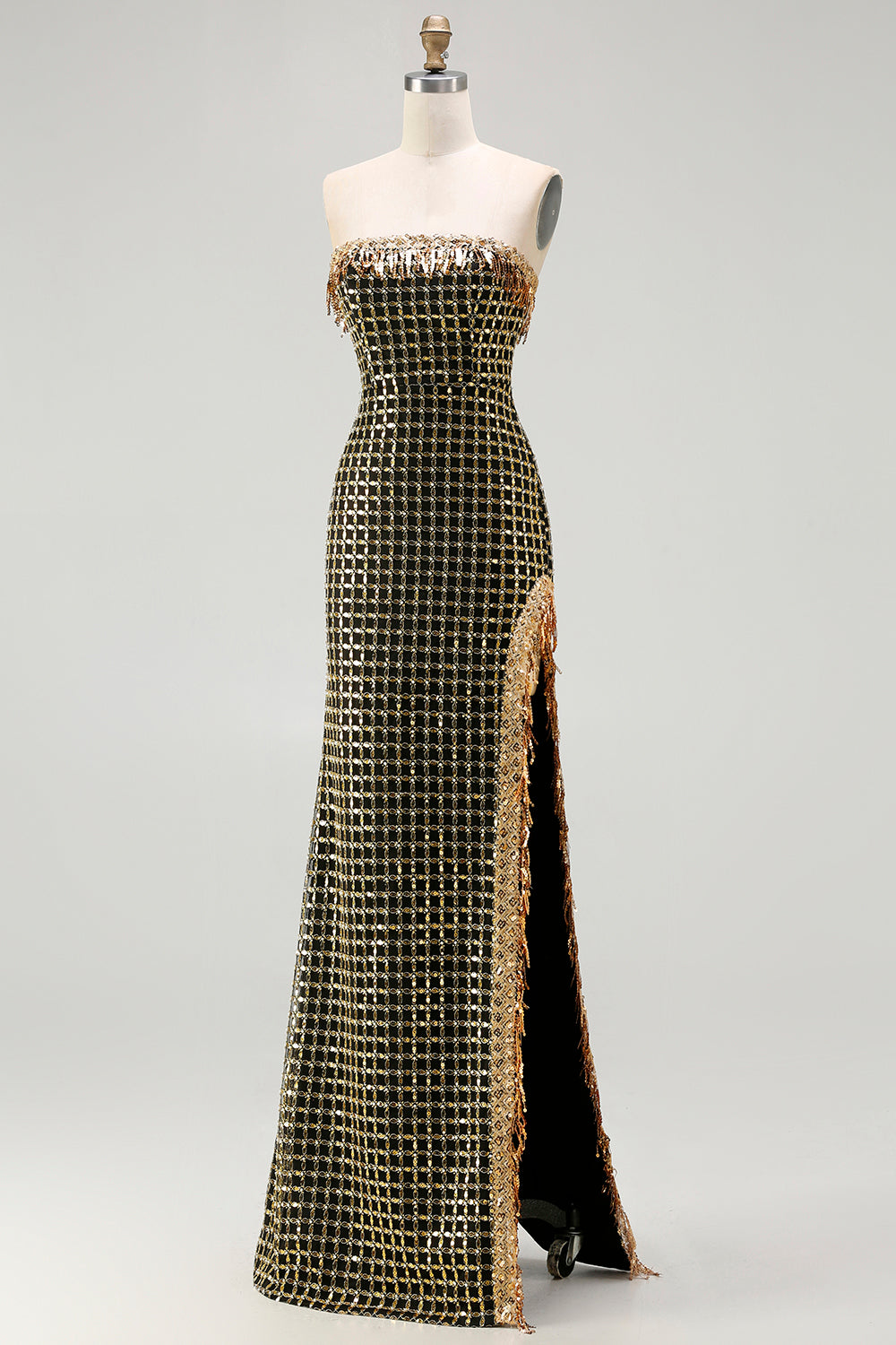 Black and Golden Strapless Beaded Fringed Long Sparkly Prom Dress with Slit