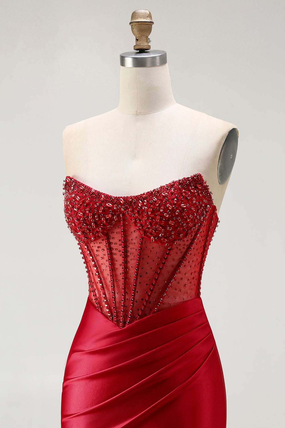 Sparkly Red Corset Mermaid Beaded Long Satin Prom Dress with Slit