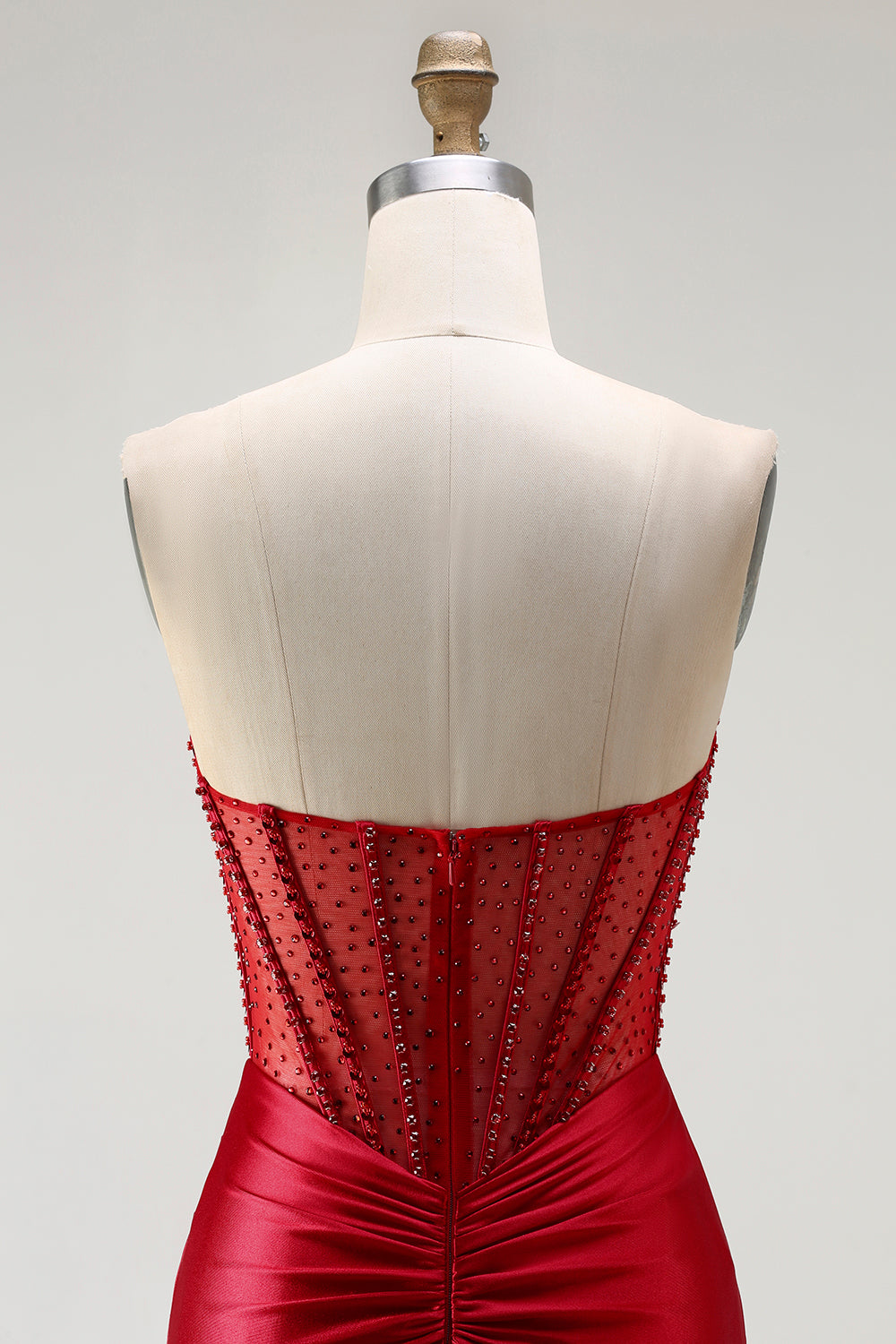 Sparkly Red Corset Mermaid Beaded Long Satin Prom Dress with Slit