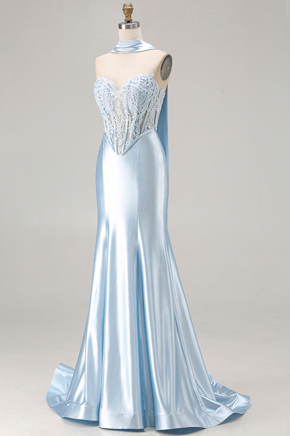 Blue Satin Corset Neck Scarf Sweetheart Long Mermaid Prom Dress