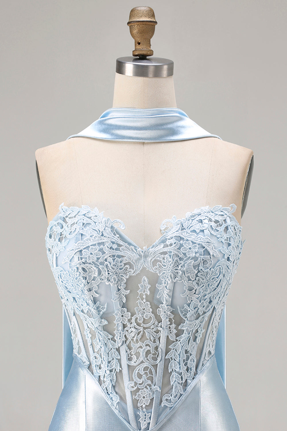 Blue Satin Corset Neck Scarf Sweetheart Long Mermaid Prom Dress