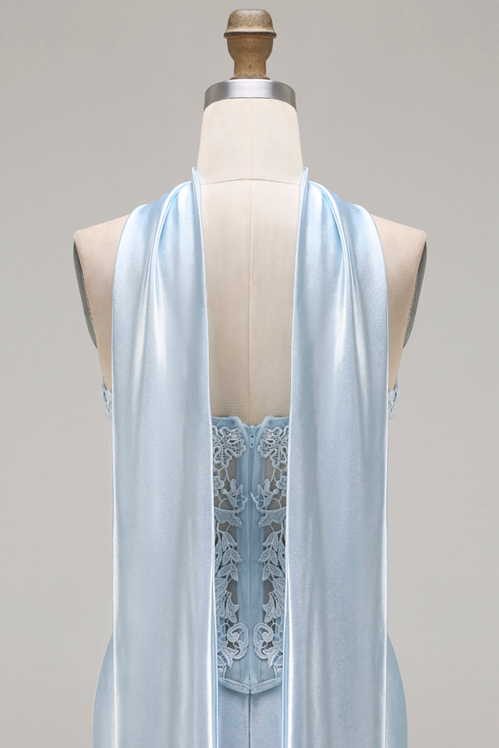 Blue Satin Corset Neck Scarf Sweetheart Long Mermaid Prom Dress