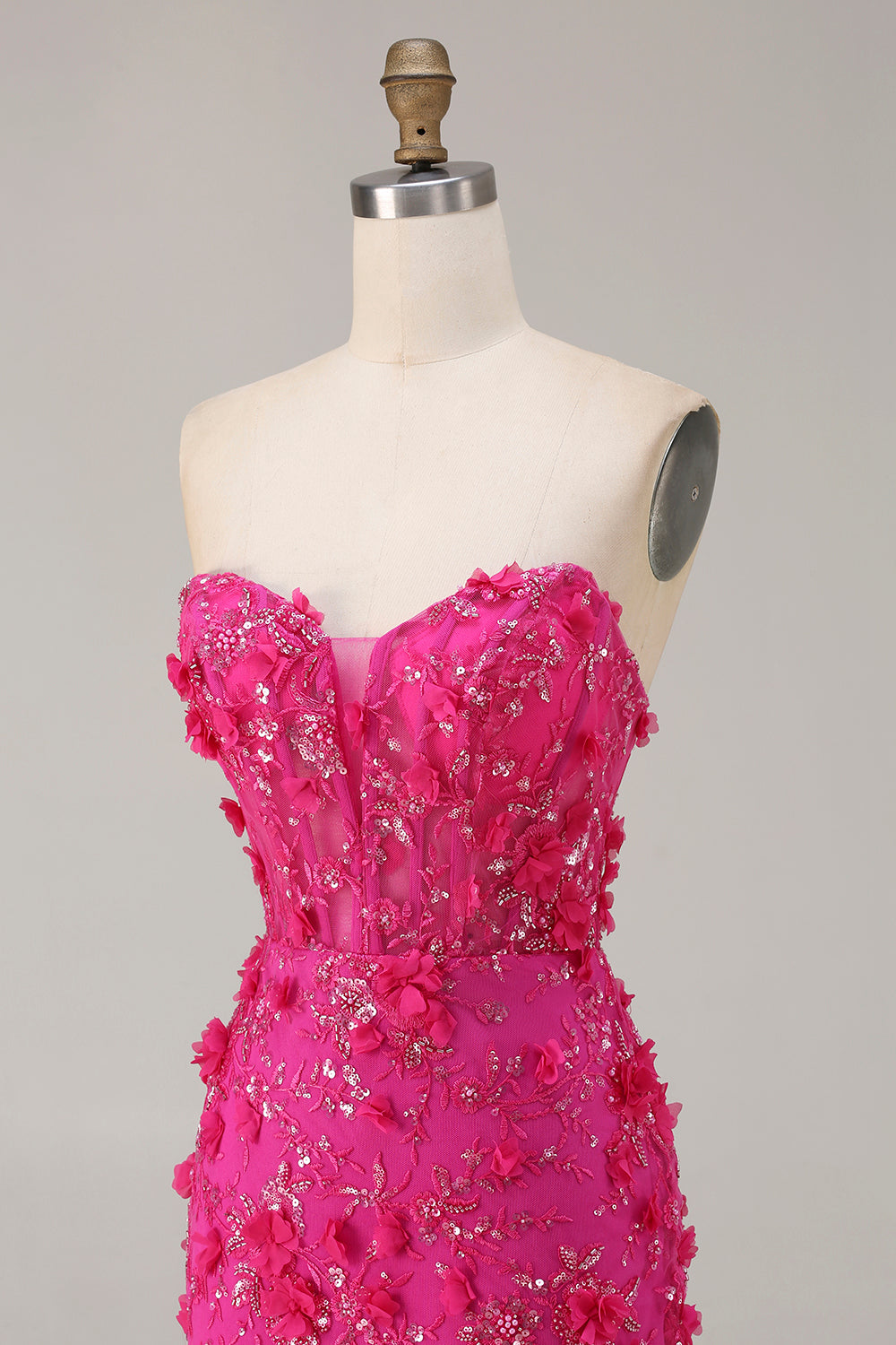 Floral Fuchsia Corset Mermaid Strapless Long Sparkly Prom Dress with Slit