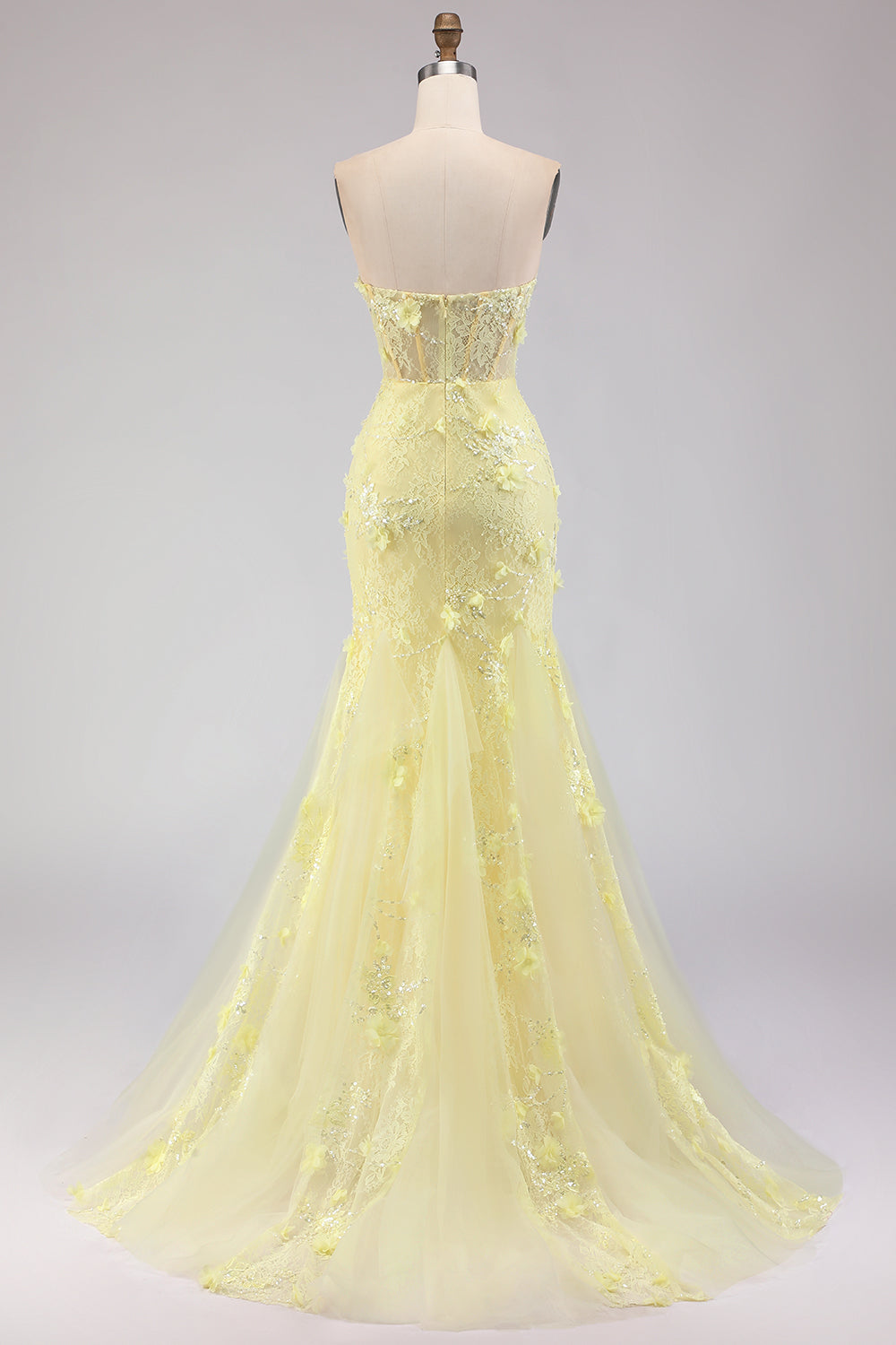 Floral Yellow Corset Mermaid Strapless Long Tulle Prom Dress with Lace