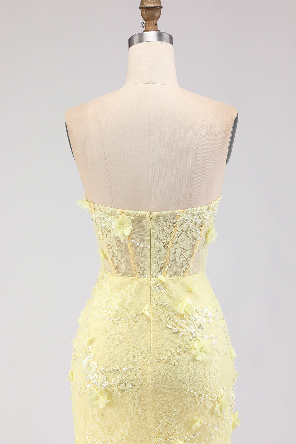 Floral Yellow Corset Mermaid Strapless Long Tulle Prom Dress with Lace
