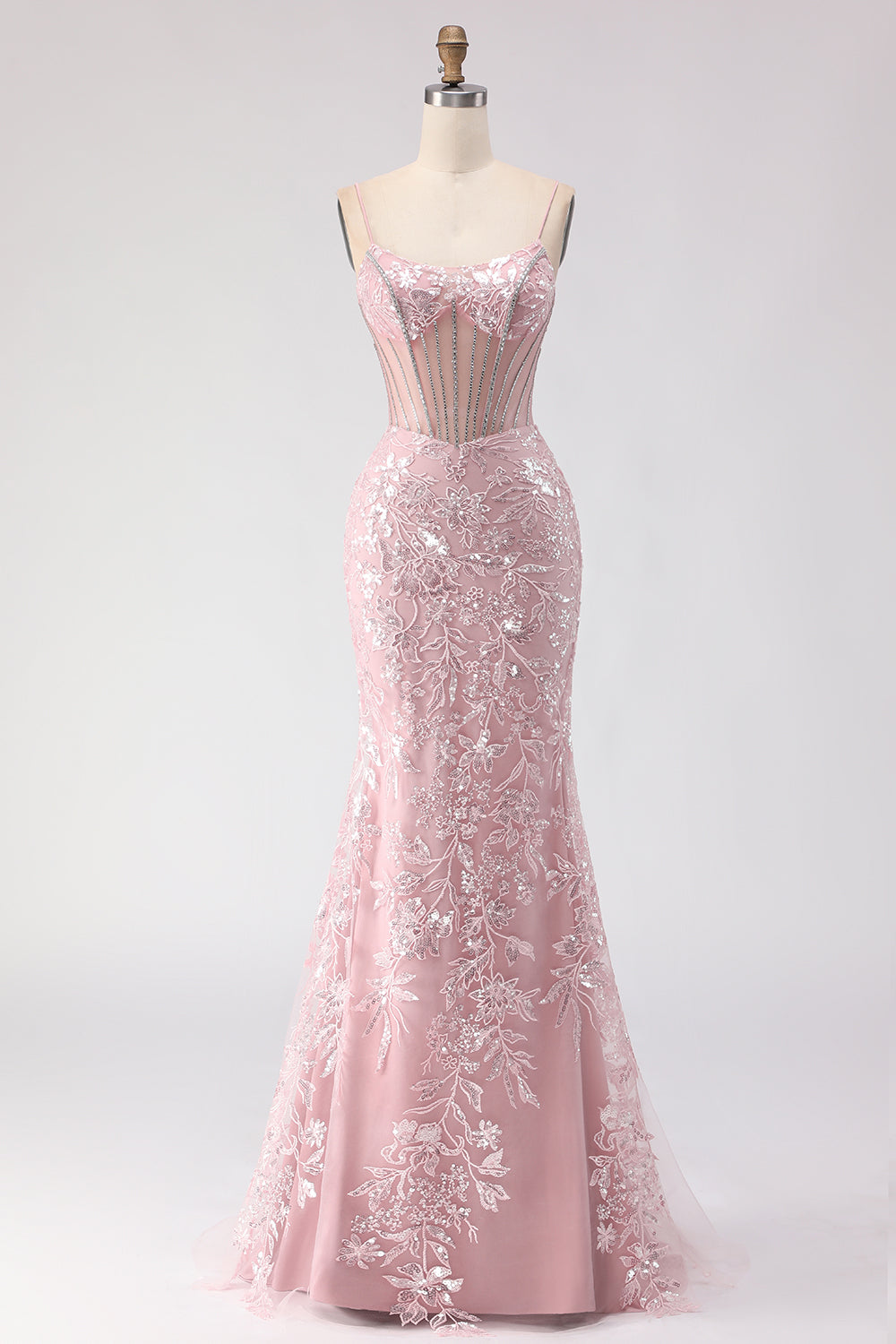 Floral Blush Corset Mermaid Long Sparkly Prom Dress with Sequins