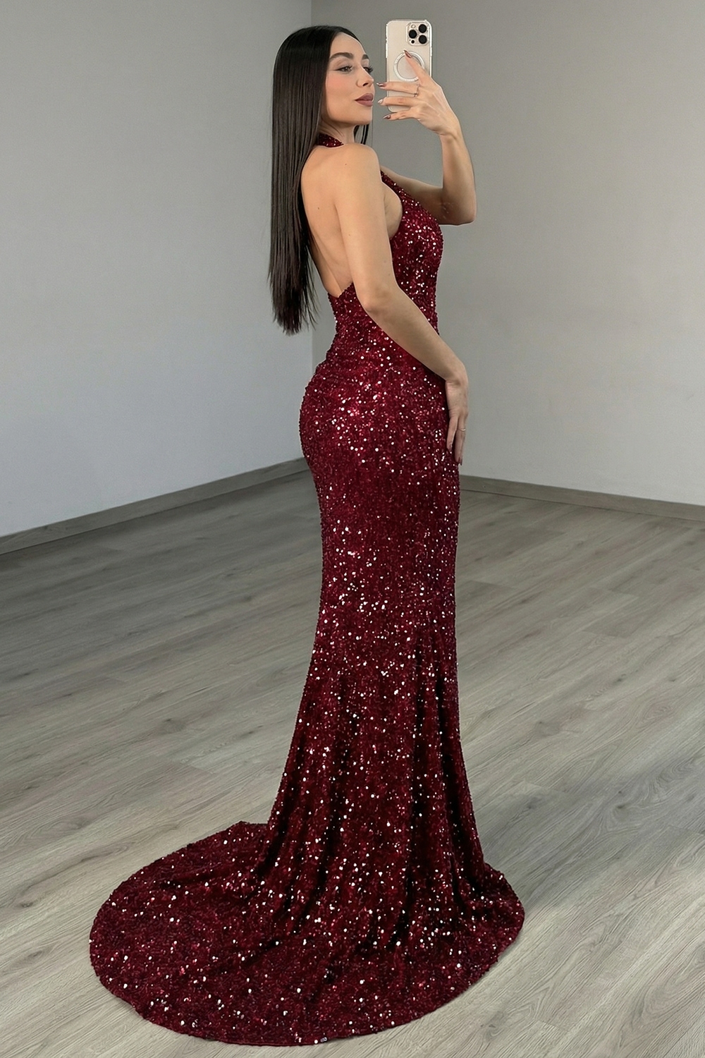 Sparkly Burgundy Sequin Floral Mermaid Long Prom Dress with Slit