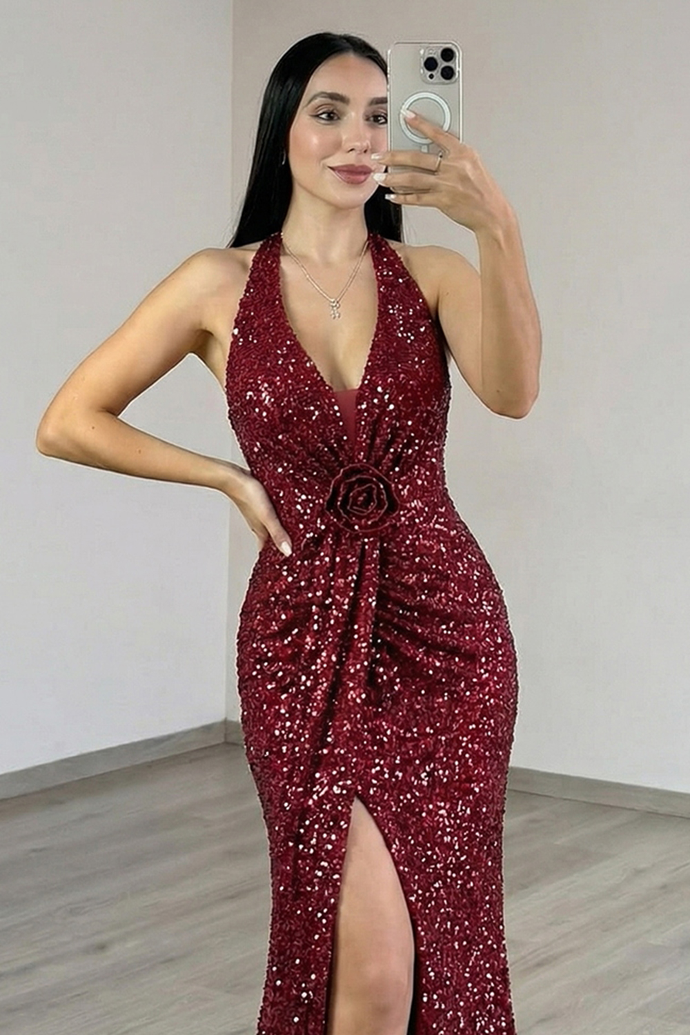 Sparkly Burgundy Sequin Floral Mermaid Long Prom Dress with Slit