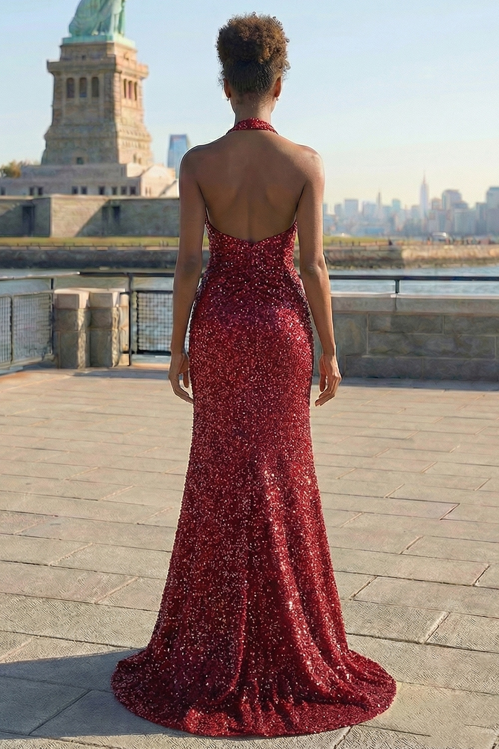 Sparkly Burgundy Sequin Halter Long Mermaid Prom Dress with Slit