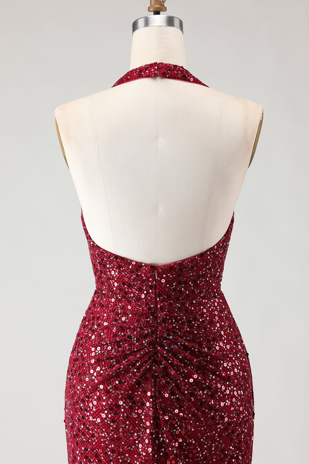 Sparkly Burgundy Sequin Halter Long Mermaid Prom Dress with Slit