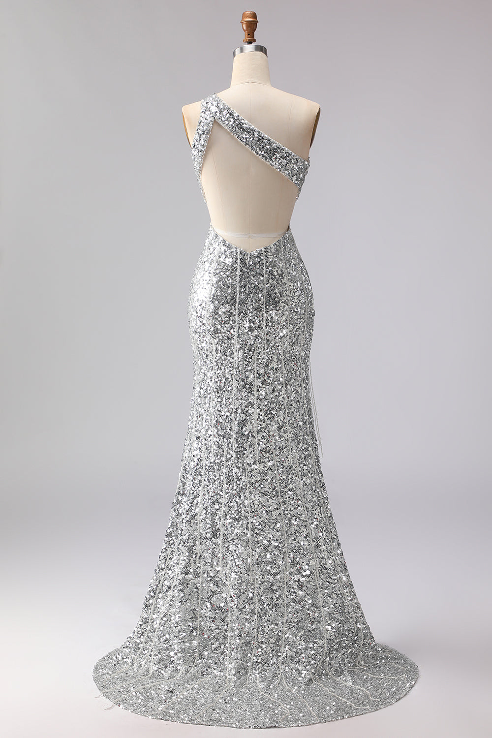 Sparkly Silver Sequins One Shoulder Mermaid Long Prom Dress with Slit