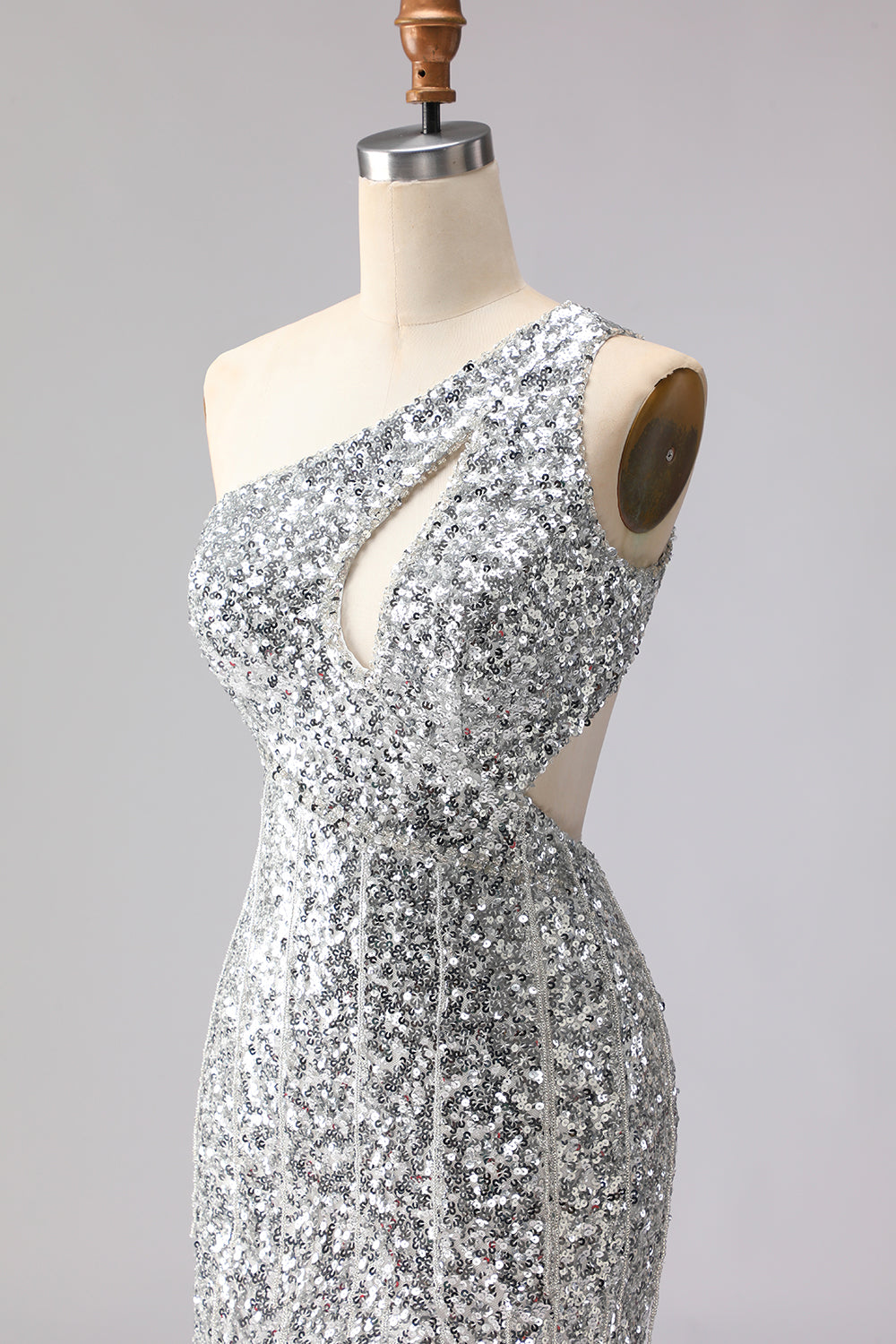 Sparkly Silver Sequins One Shoulder Mermaid Long Prom Dress with Slit