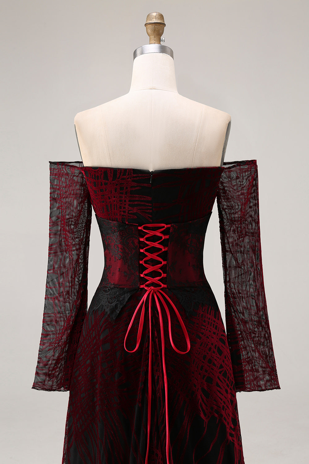 Elegant Black and Red A Line Off the Shoulder Long Sleeves Prom Dress