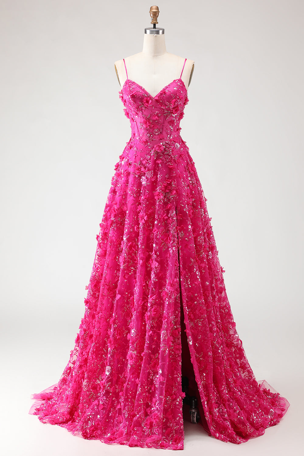 Sparkly Fuchsia Beaded A-Line Corset Long Floral Prom Dress with Slit