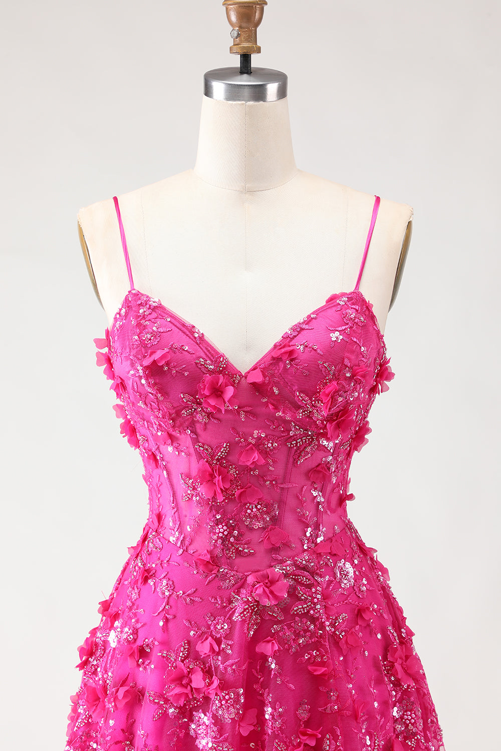 Sparkly Fuchsia Beaded A-Line Corset Long Floral Prom Dress with Slit