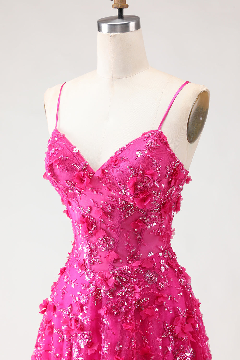 Sparkly Fuchsia Beaded A-Line Corset Long Floral Prom Dress with Slit