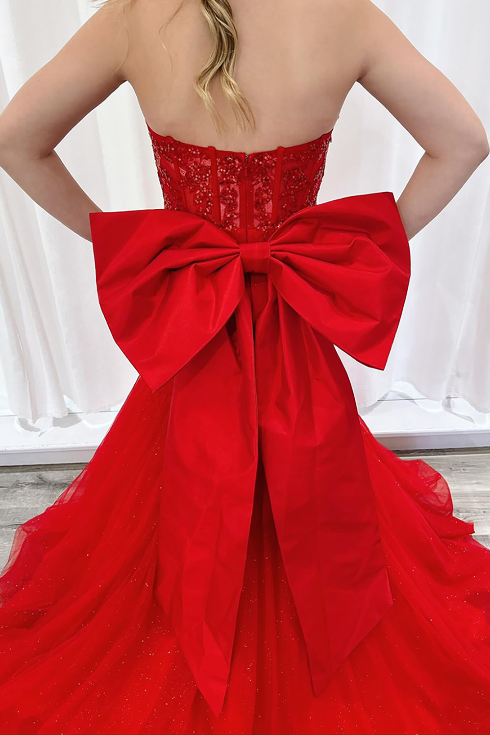 Sparkly Red Mermaid Corset Sweetheart Ruched Long Tulle Prom Dress with Bow