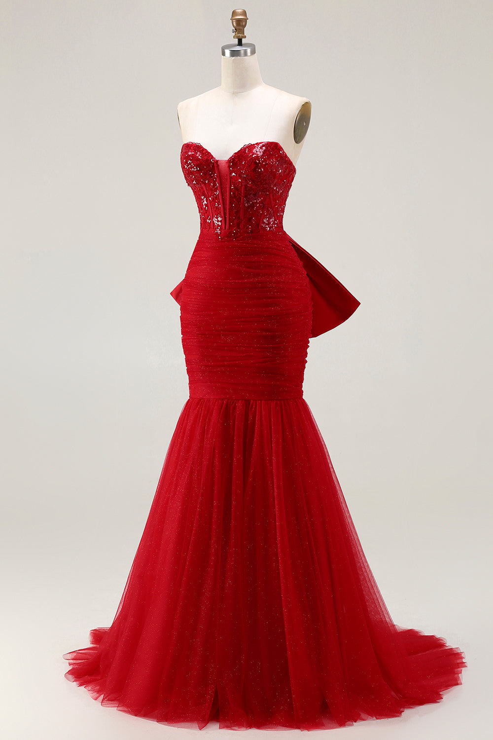 Sparkly Red Mermaid Tulle Sweetheart Ruched Long Corset Prom Dress with Bow