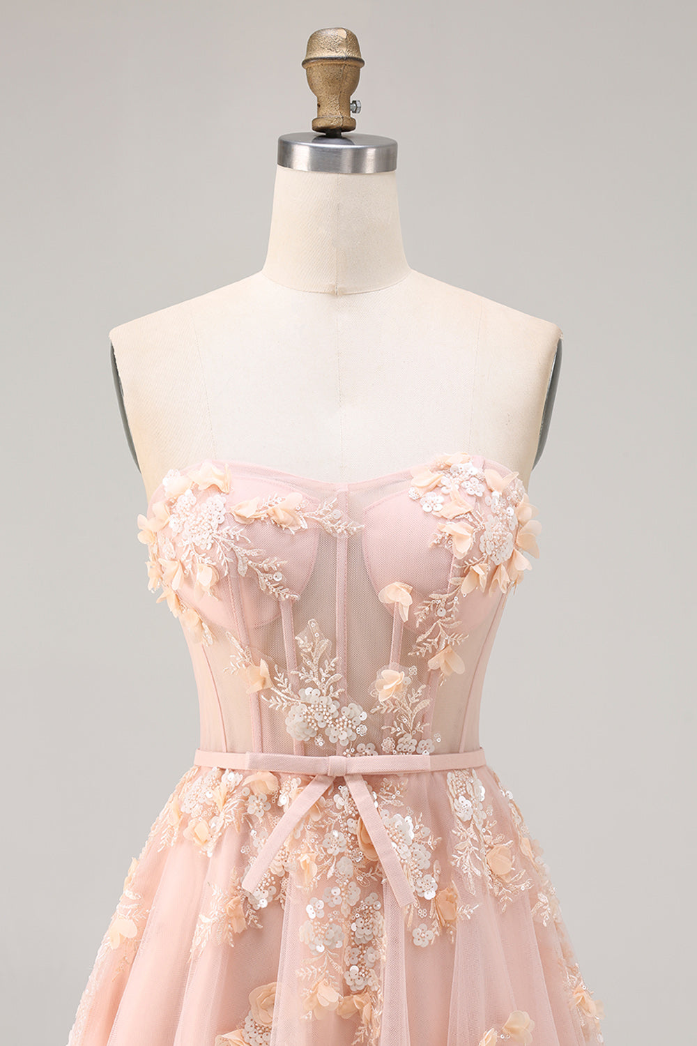 Floral Blush A Line Corset Long Tulle Prom Dress with Sleeves