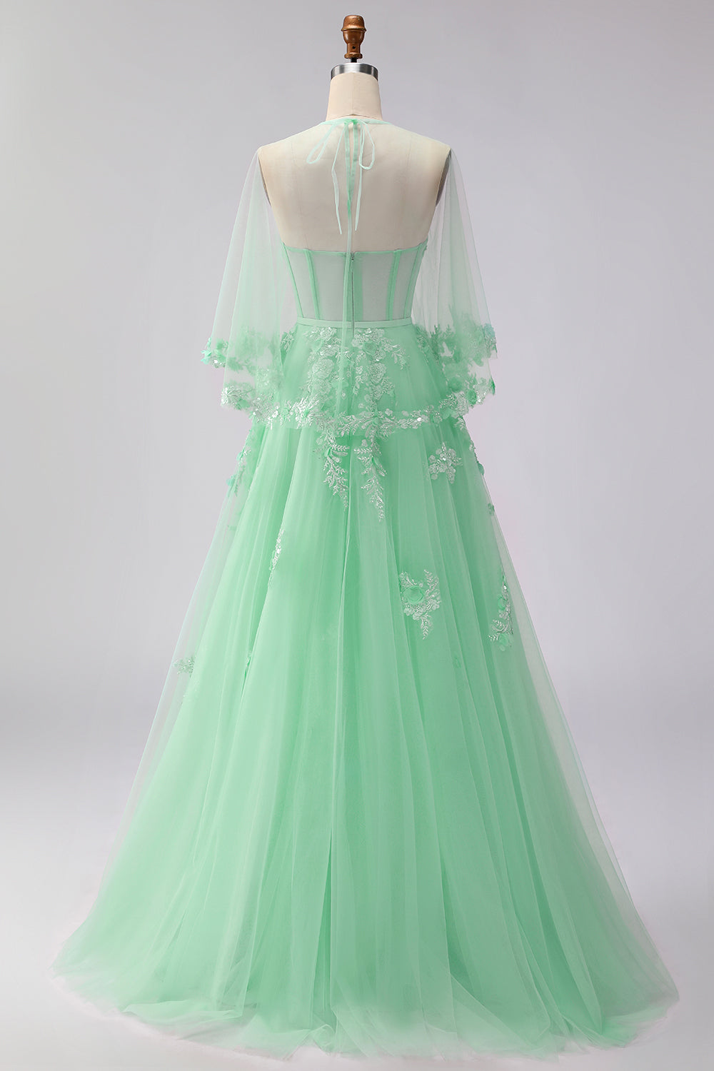 Floral Blush A Line Corset Long Tulle Prom Dress with Sleeves