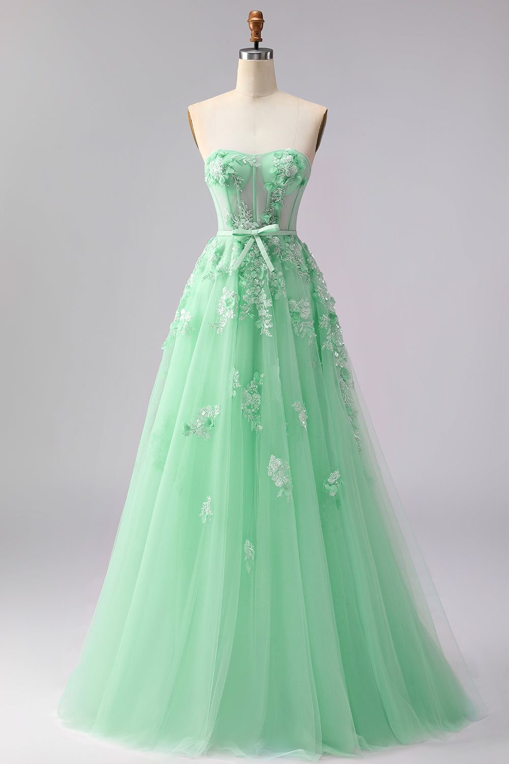 Floral Blush A Line Corset Long Tulle Prom Dress with Sleeves