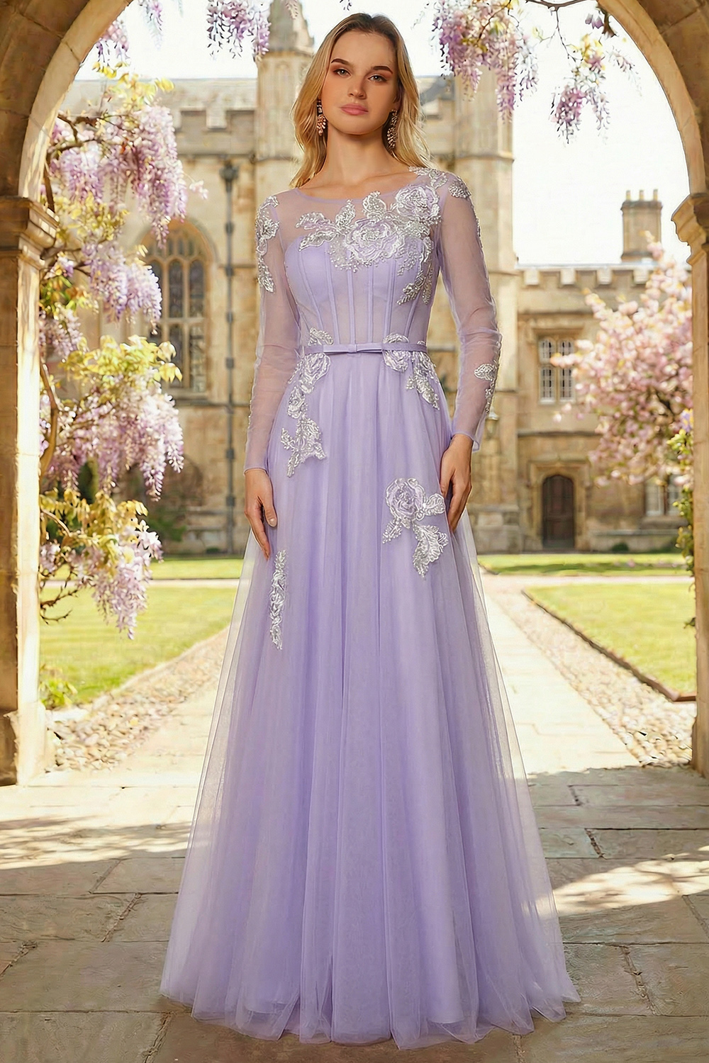 Floral Lilac A Line Corset Appliqued Long Tulle Prom Dress with Sleeves