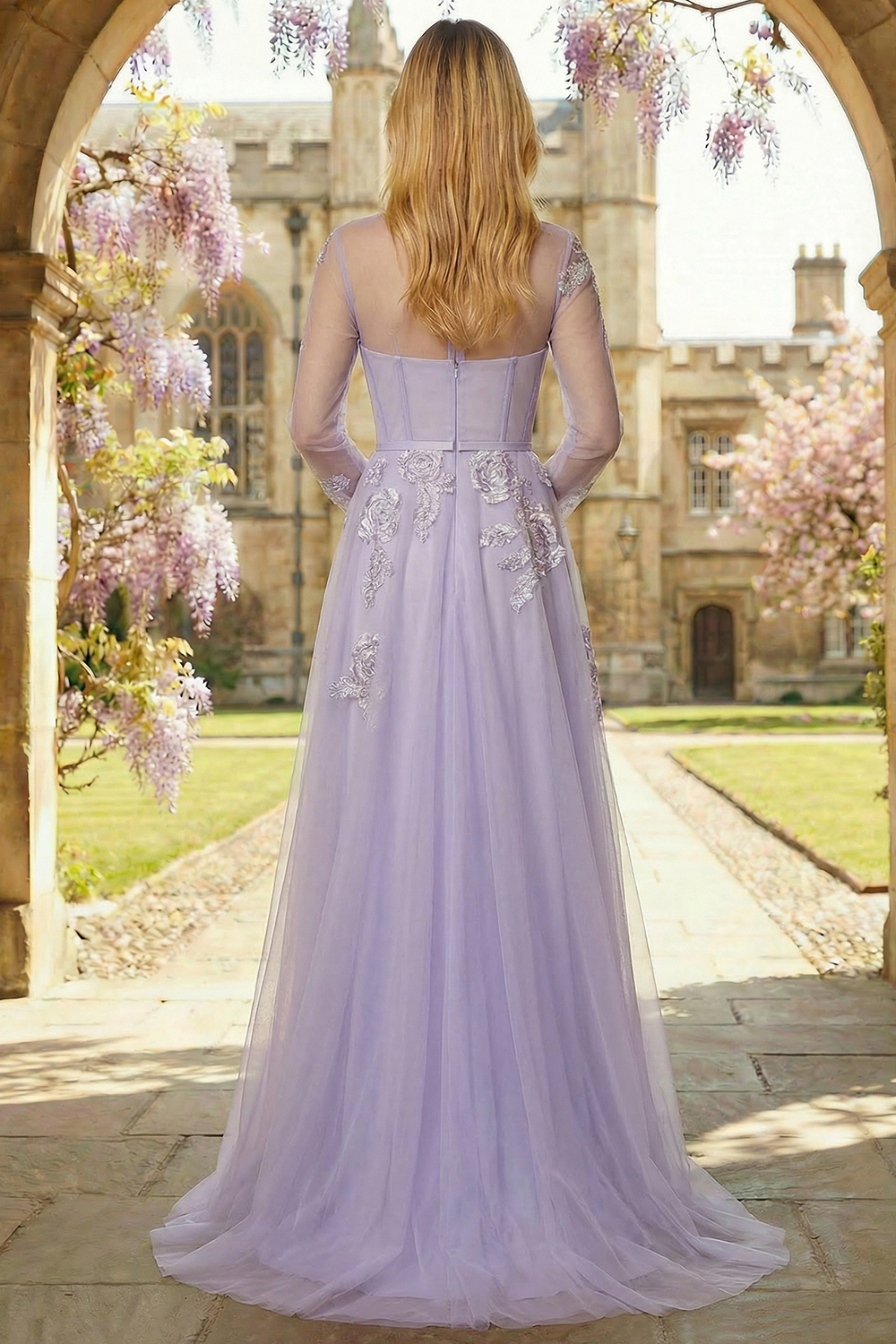 Floral Lilac A Line Corset Appliqued Long Tulle Prom Dress with Sleeves