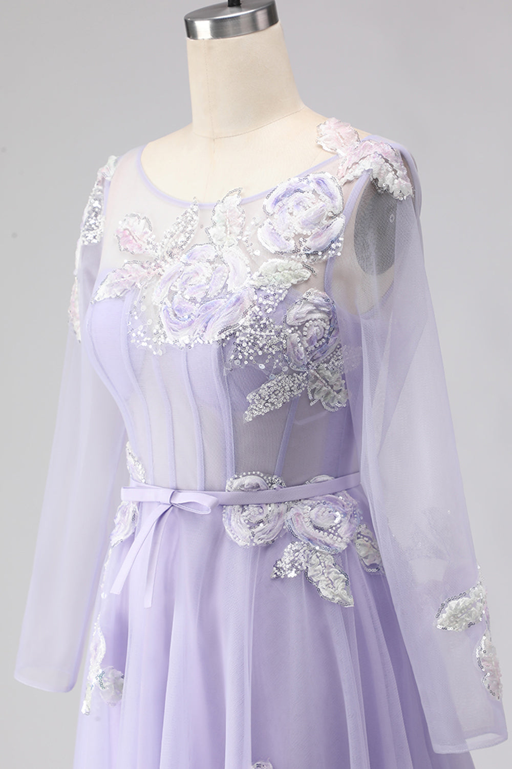 Floral Lilac A Line Corset Appliqued Long Tulle Prom Dress with Sleeves