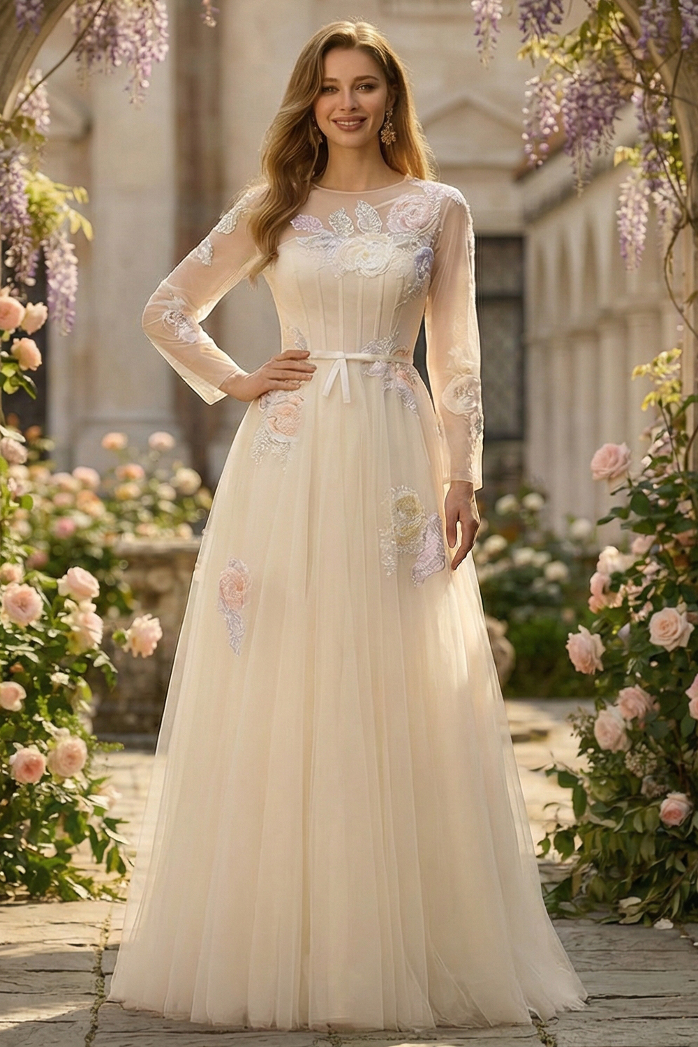 Floral Lilac A Line Corset Appliqued Long Tulle Prom Dress with Sleeves