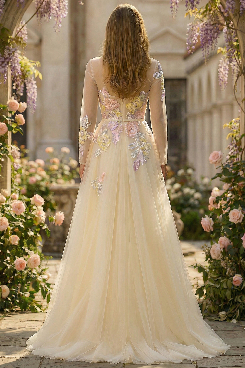 Floral Lilac A Line Corset Appliqued Long Tulle Prom Dress with Sleeves