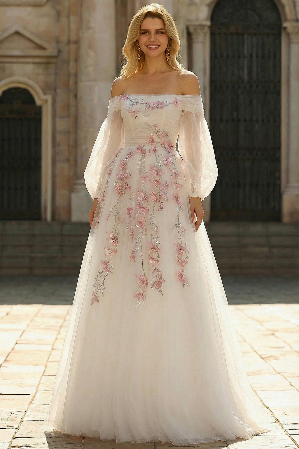 Floral White Ball Gown Tulle Long Sleeves Prom Dress with Sequins