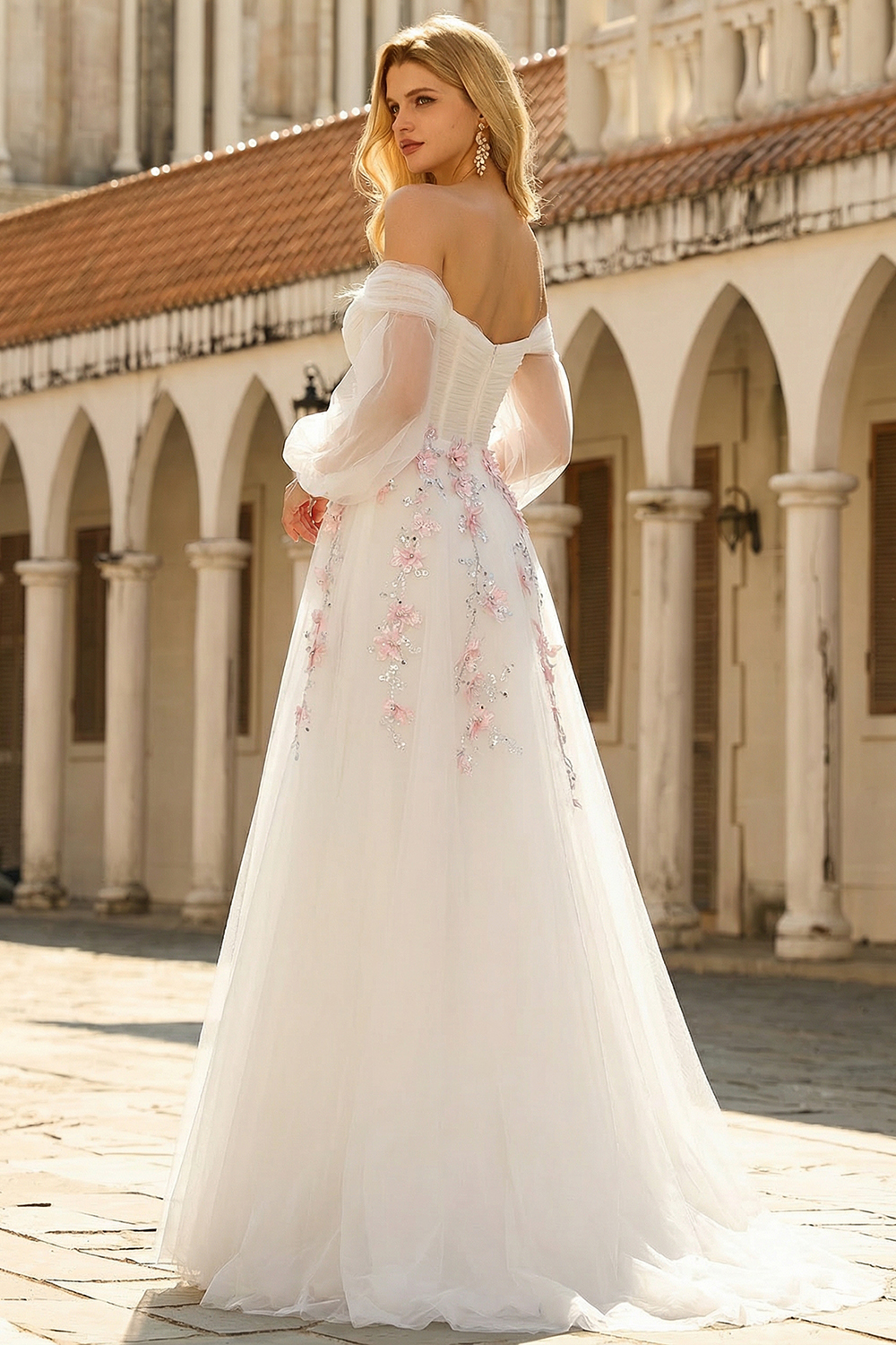Floral White Ball Gown Tulle Long Sleeves Prom Dress with Sequins