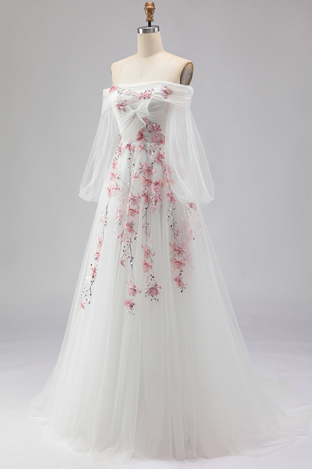 Floral White Ball Gown Tulle Long Sleeves Prom Dress with Sequins