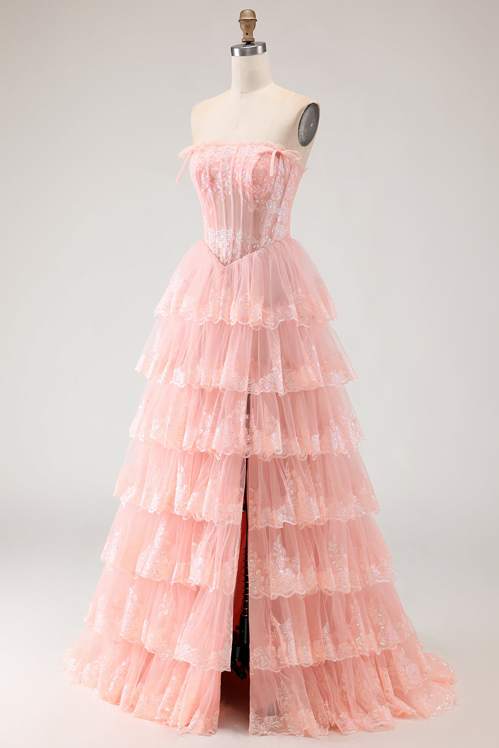 Floral Blush Corset Tulle A Line Tiered Long Sparkly Prom Dress with Slit