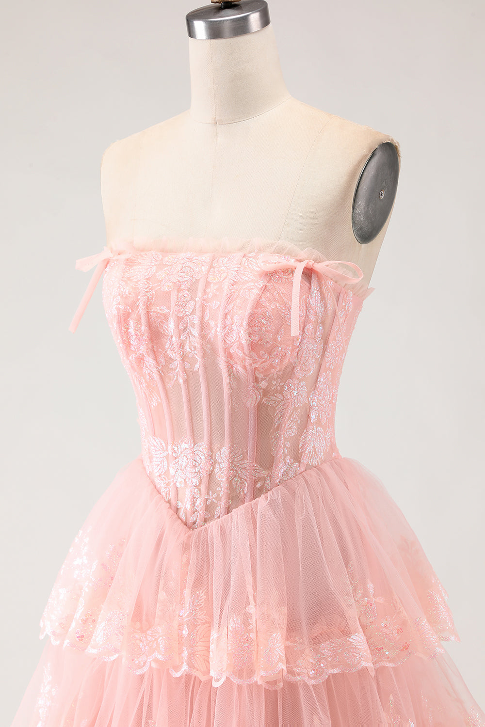 Floral Blush Corset Tulle A Line Tiered Long Sparkly Prom Dress with Slit