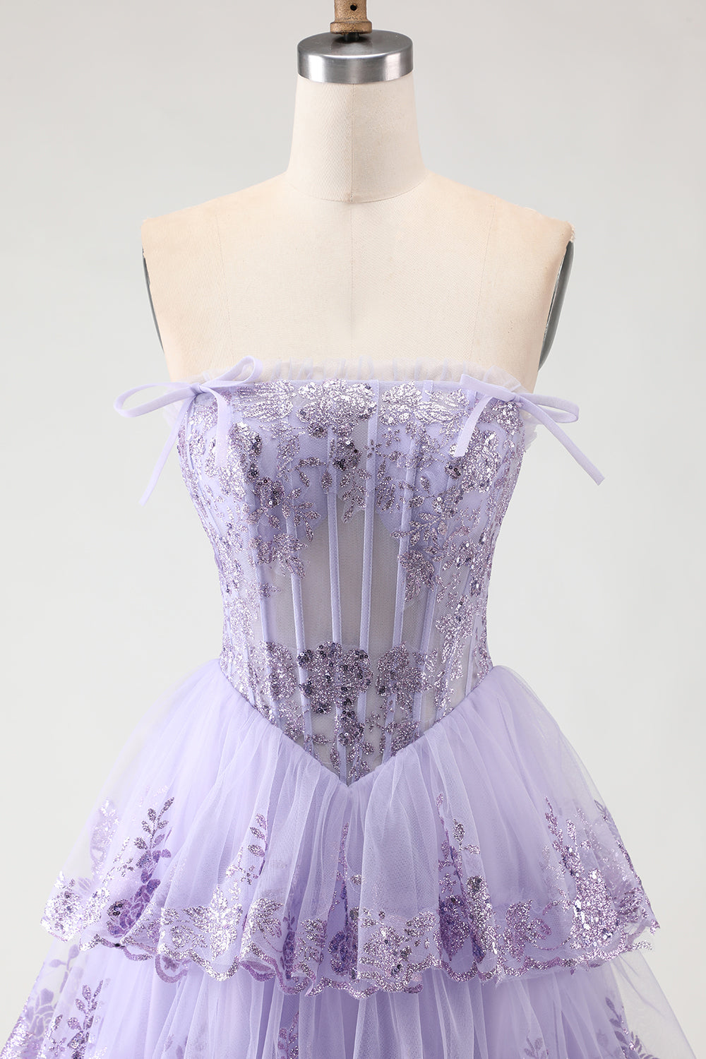 Floral Lilac Tiered Tulle A-Line Long Corset Prom Dress with Slit