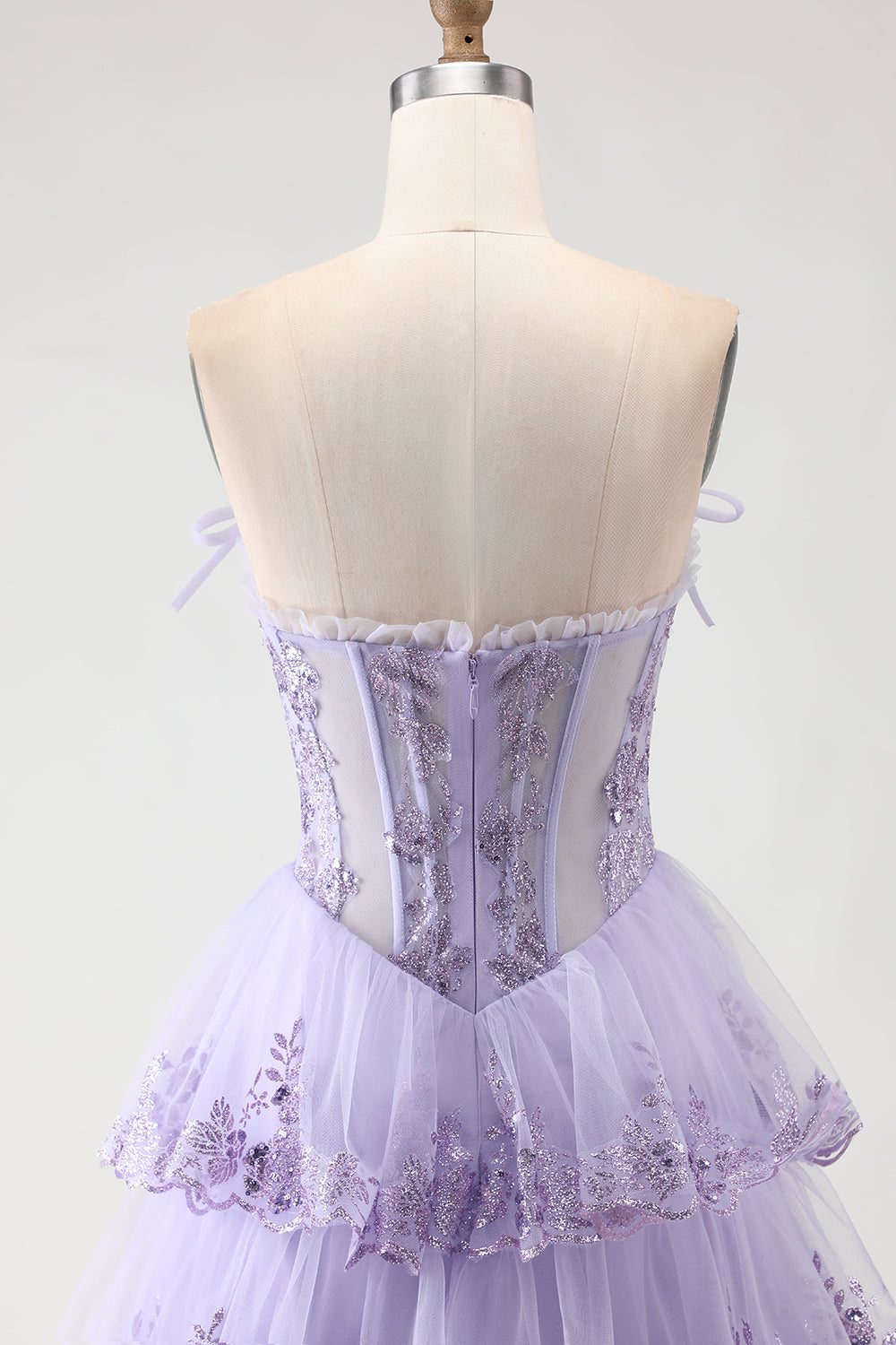 Floral Lilac Tiered Tulle A-Line Long Corset Prom Dress with Slit