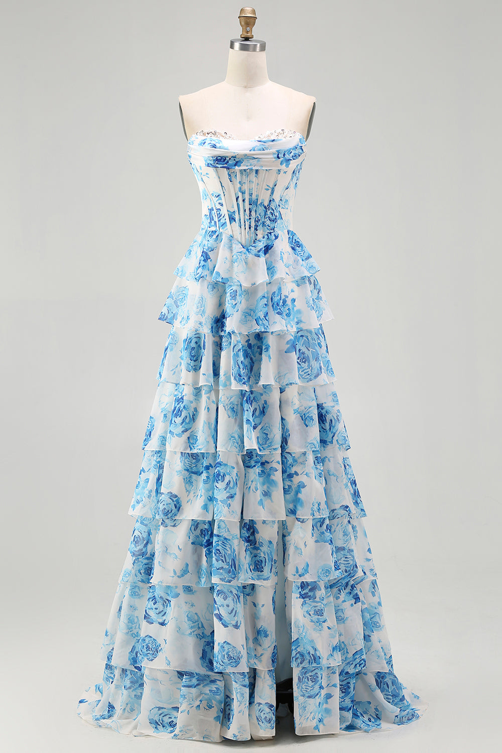 Sparkly White and Blue Ruffled Strapless Corset Long Floral Prom Dress
