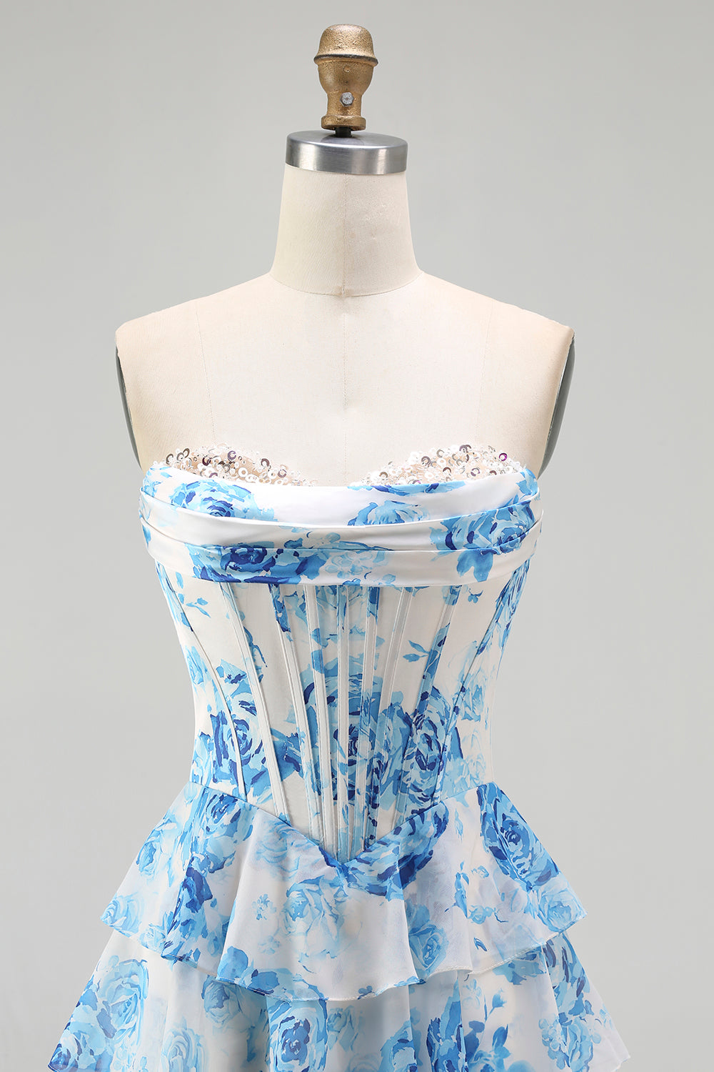 Sparkly White and Blue Ruffled Strapless Corset Long Floral Prom Dress