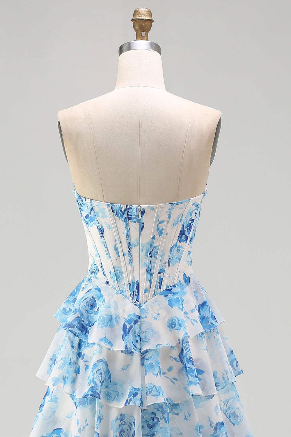 Sparkly White and Blue Ruffled Strapless Corset Long Floral Prom Dress