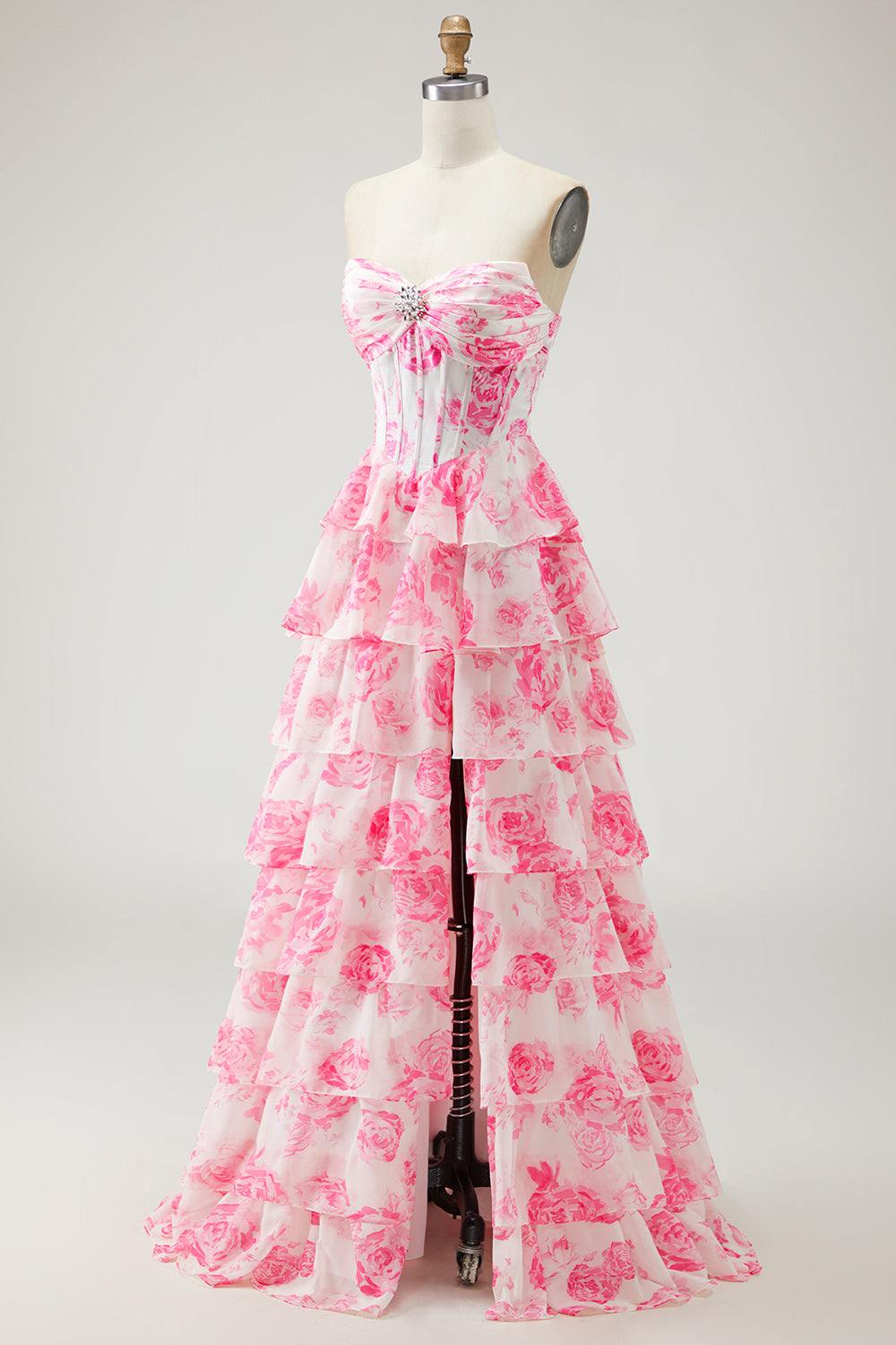 Floral White and Pink A-Line Corset Tiered Long Prom Dress with Slit